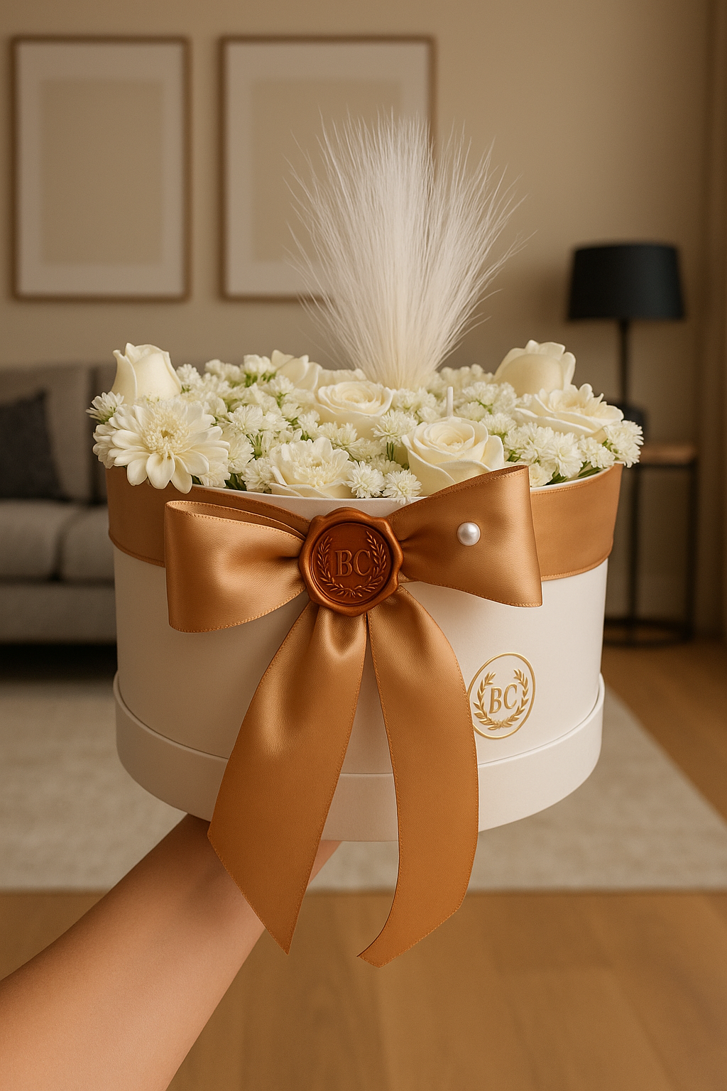 ⚜️ Caixa Elegante de Flores com Fita Dourada